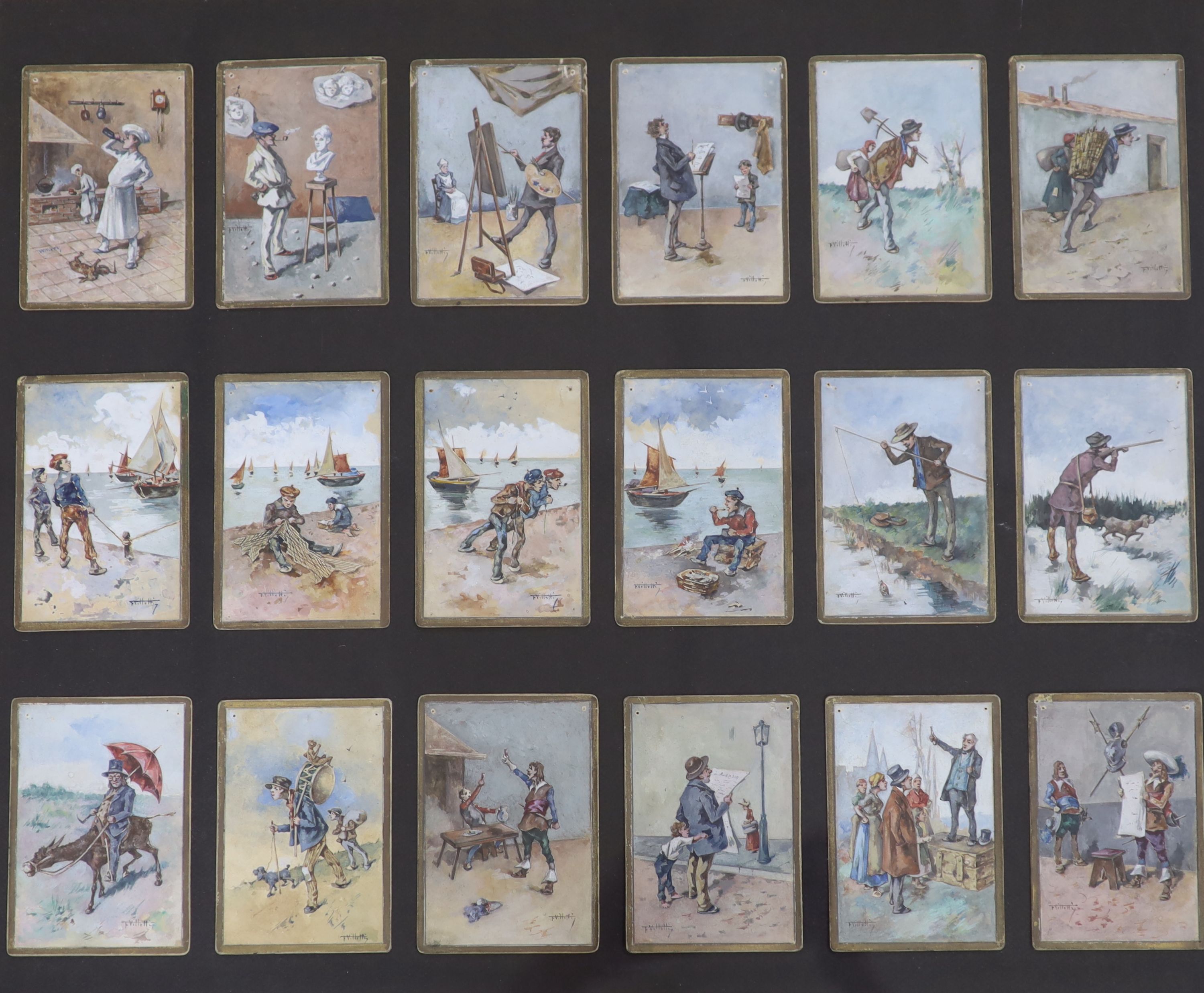 F. Villetti, (Italian, 19th century) a set of 18 humorous / characterful figure studies, maritime, sporting and other pursuits, watercolour on card, each with gilt borders, each signed, individually measuring 10 x 7 cm,